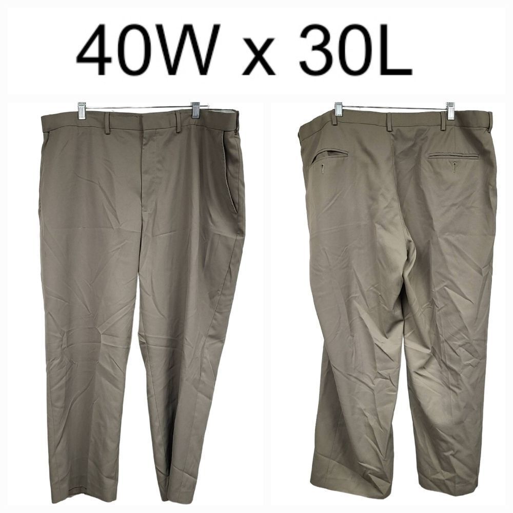 Haggar Men's 40x27 Adjustable Waist Taupe Dress Pants Flat Front Straight 40/27